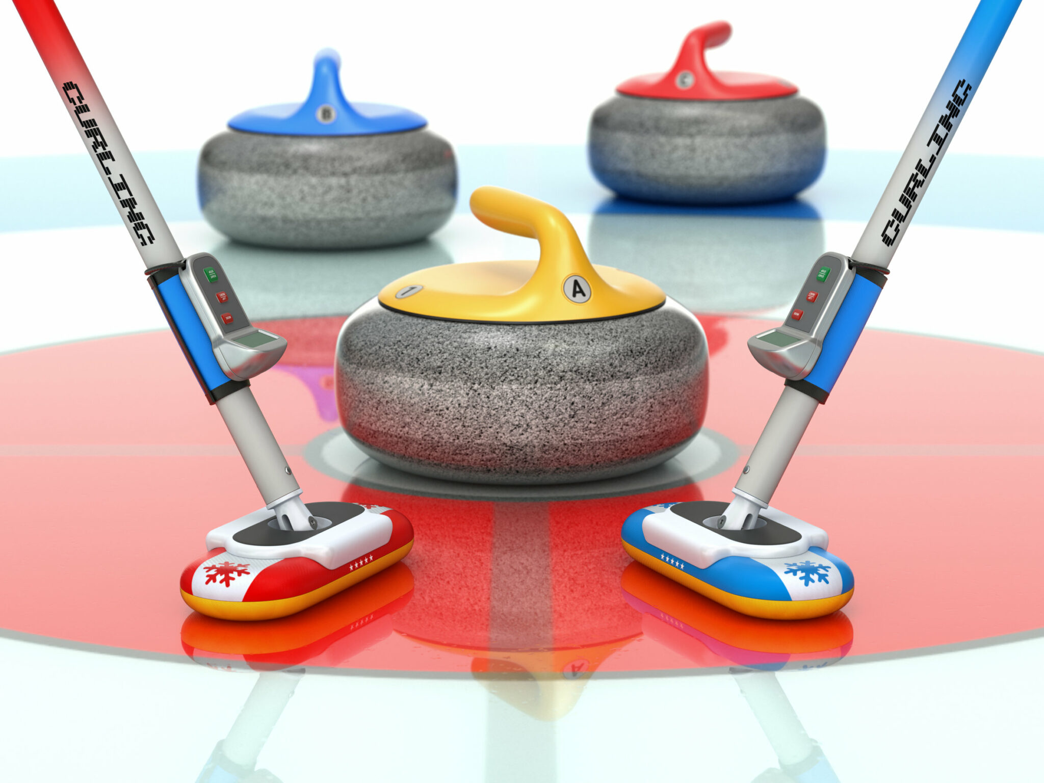 Curling scene with two curling brooms and stones - 3D illustration